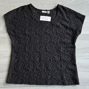 NWT Chico's Textured Black Lace Cap Sleeve Top Size 2 Womens Large
